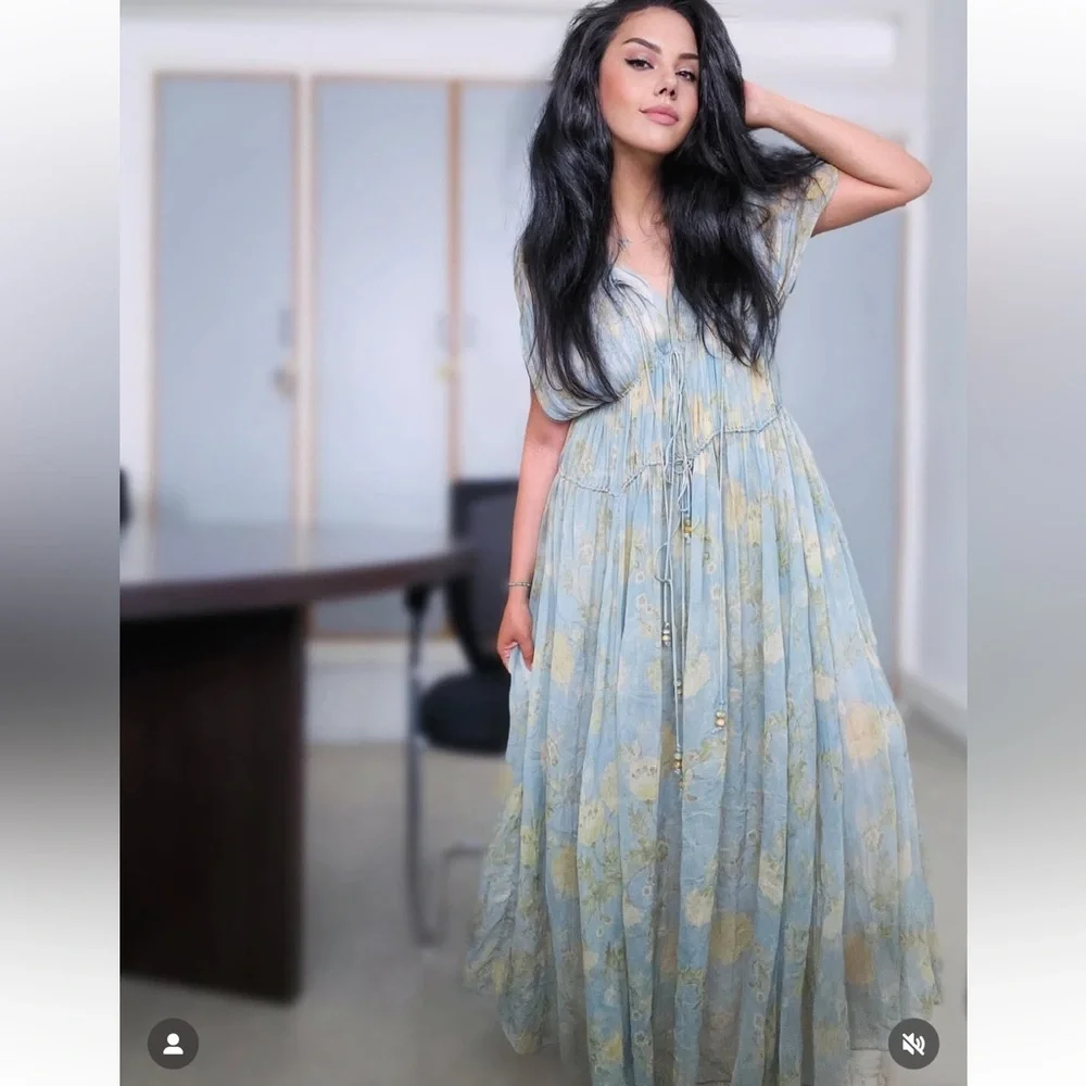 Bohemian Tie-Front Maxi Dress in Sage with Gold Floral - Picture 12 of 15